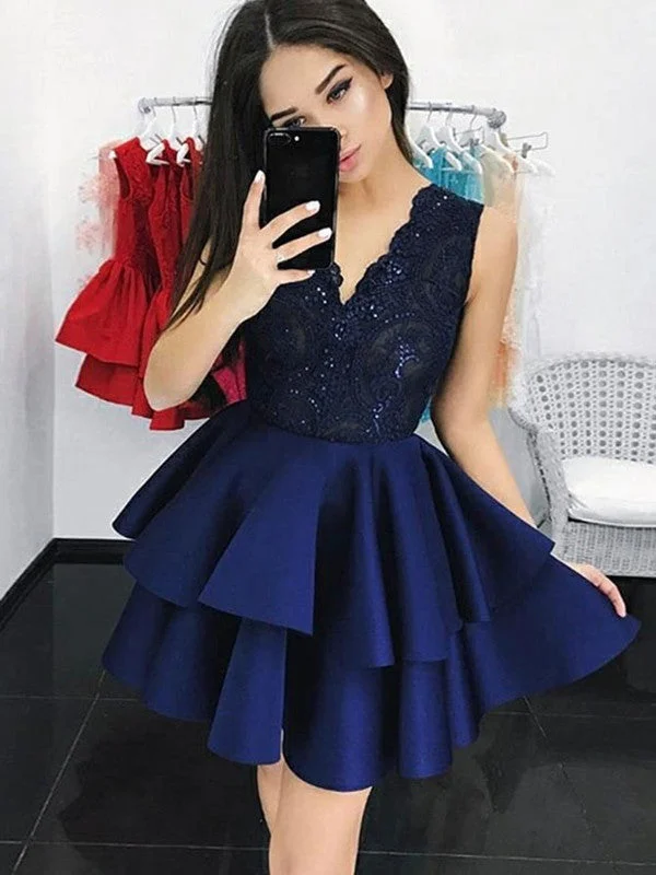 prom dress cleaningNavy Blue V Neck Lace Short Prom Dresses, Lace Layered Dresses, Navy Blue Homecoming Dresses