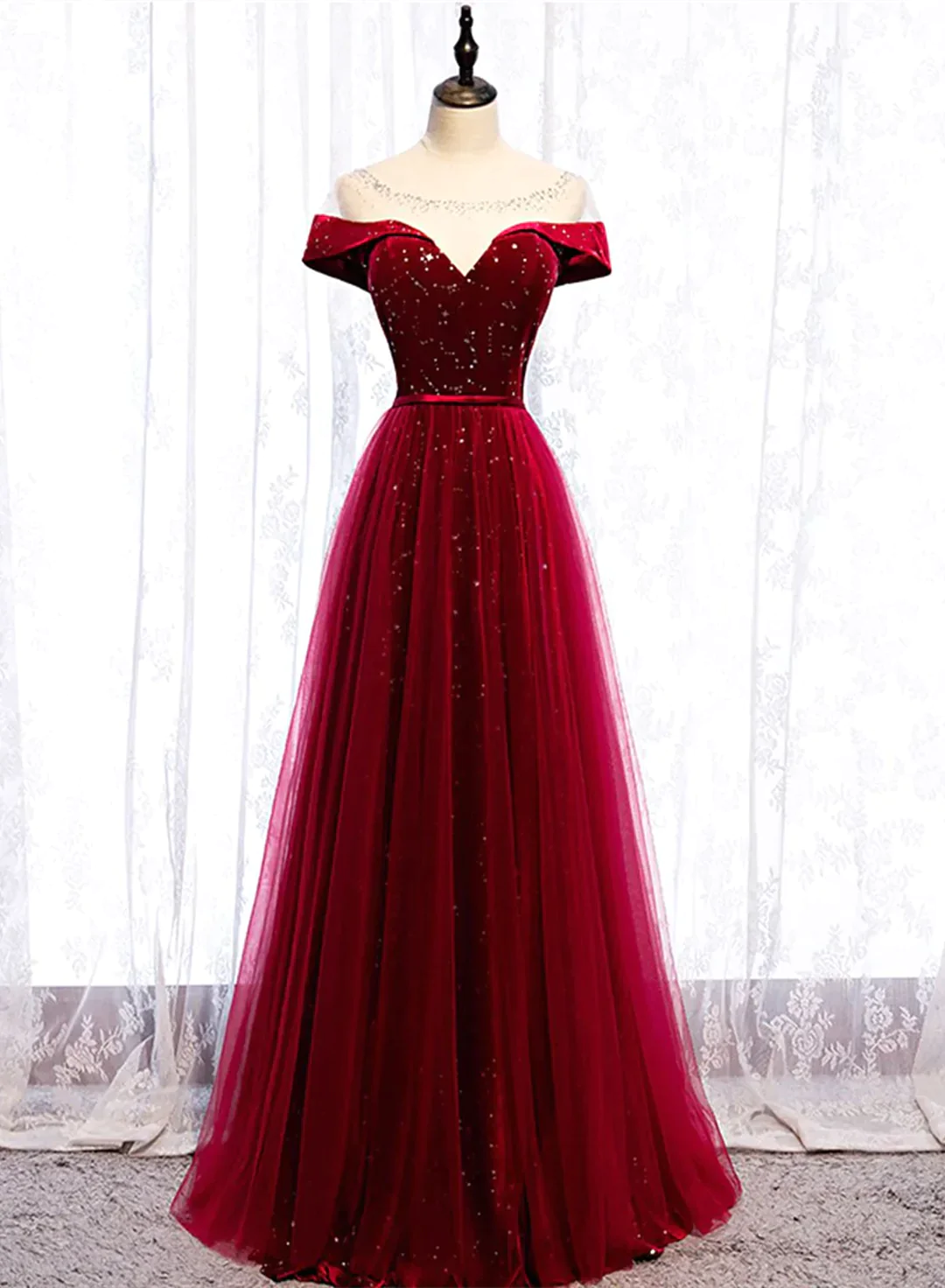 tulle prom dressesWine Red Velvet and Tulle Long Prom Dress, A-line Wine Red Floor Length Prom Dress