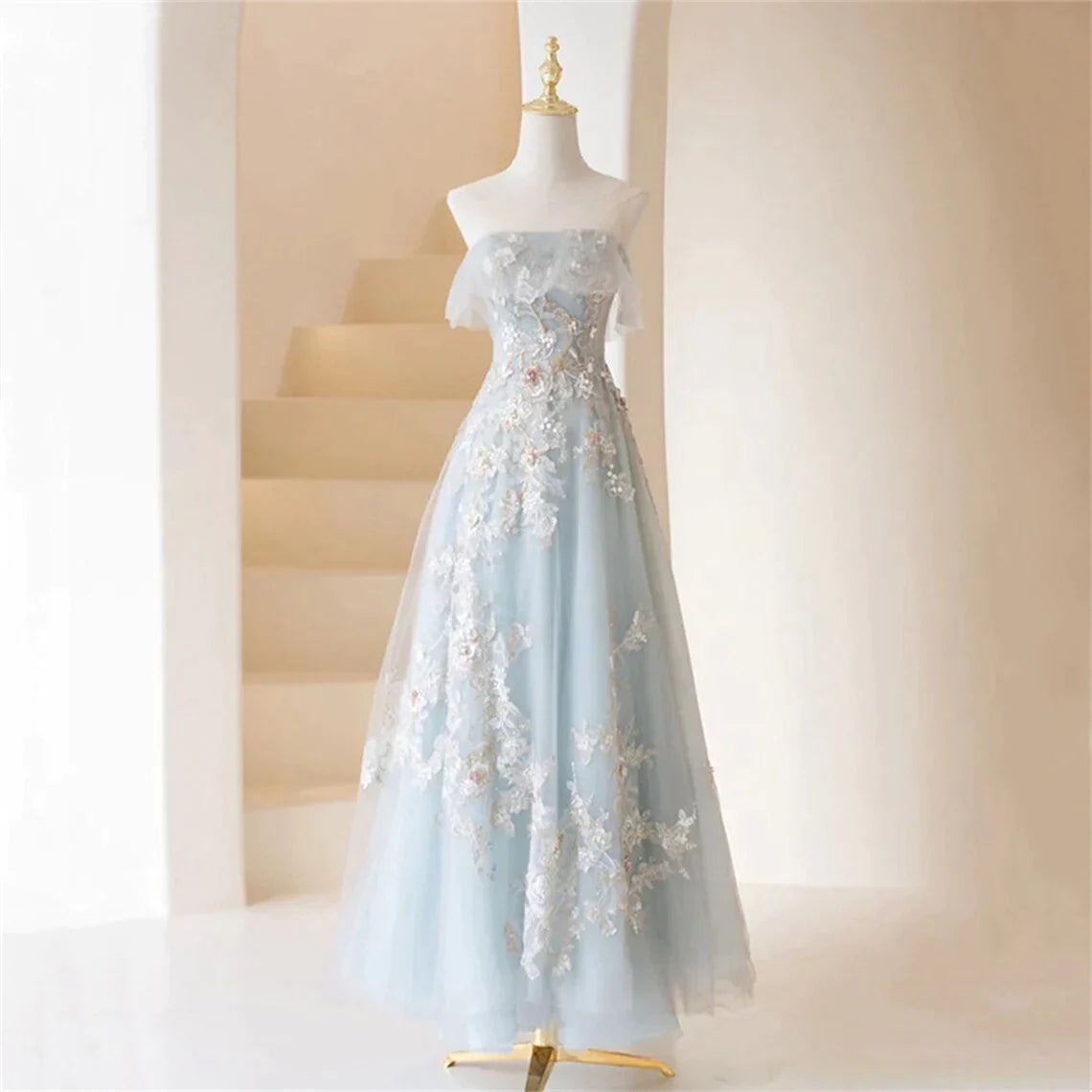 elegant prom dressesLight Blue Prom Dresses Fairy,Long Blue Tulle Floral Appliques Formal Dresses