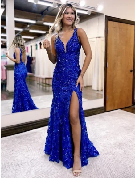 A-line prom dressesTrumpet Prom Dresses Sparkle Shine Dress Formal Sleeveless V Neck Sequined Backless with Sequin