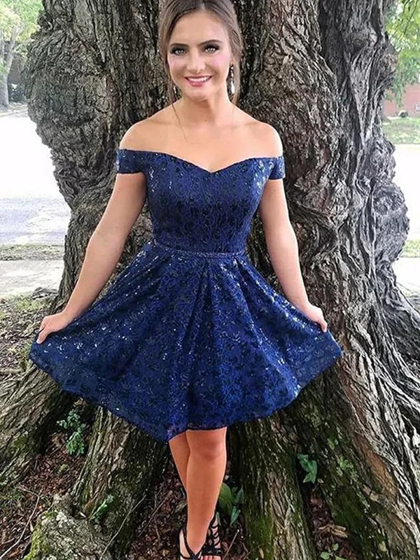 beaded prom dressesOff Shoulder Short Navy Blue Lace Prom Dresses, Short Navy Blue Lace Formal Homecoming Dresses