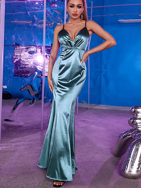 prom dress shopping tipsKittenAlarm - Plunging Neck Backless Mermaid Hem Satin Prom Dress