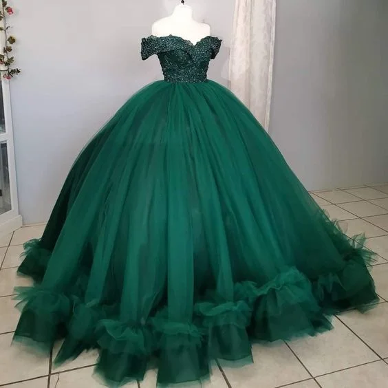 Formal Dress for Eco-Friendly ThemesOff The Shoulder Green Ball Gown,Green Sweet 16 Dress Y7145