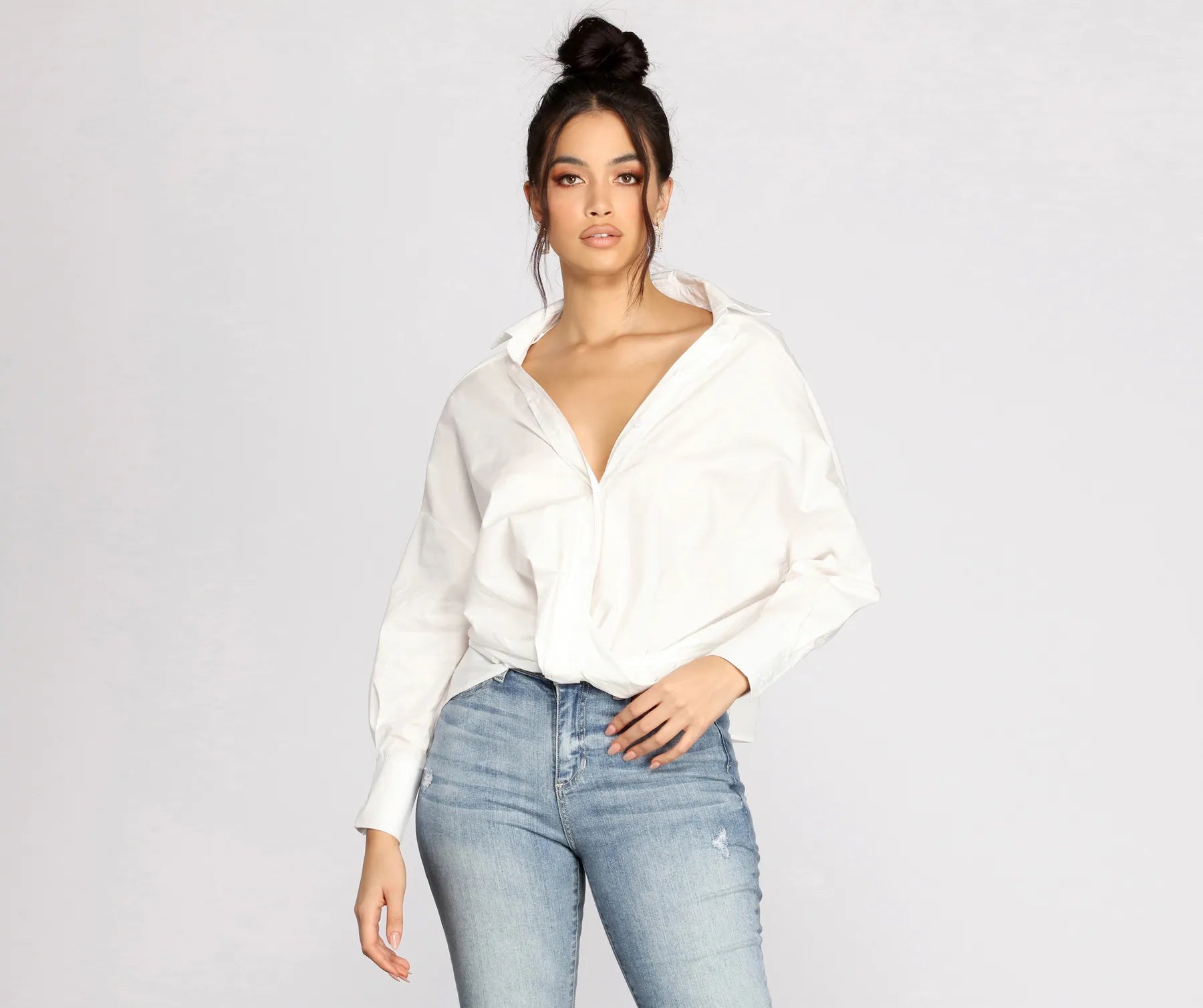 affordable women's topsWrap Front Poplin Top