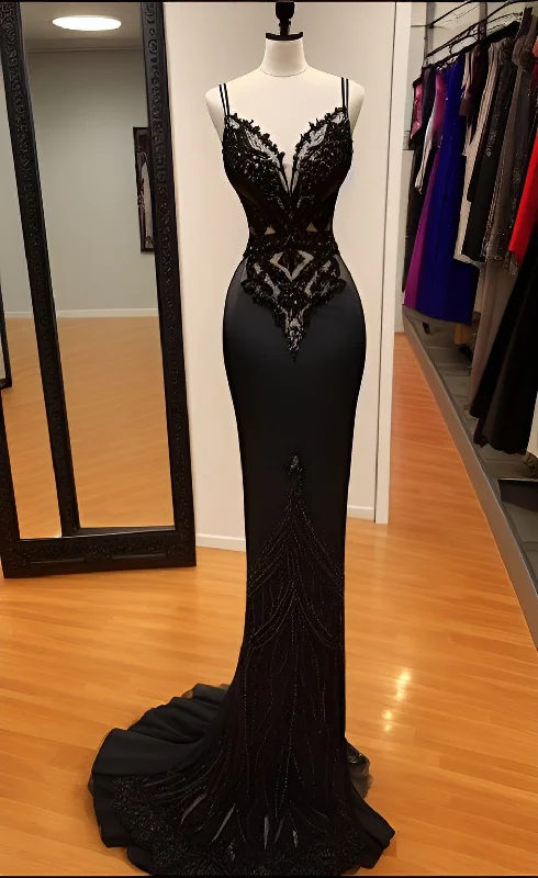 Formal Dress for Hotel GalasSexy Black Spaghetti Straps Evening Dress,Black Formal Dress Y4390