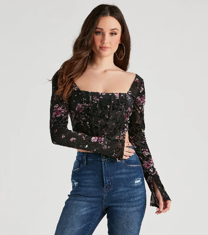 off-the-shoulder women's topsTrendy Florals Flocked Velvet Corset Top