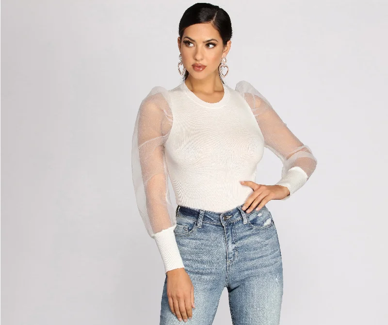 women's tops with cold-shoulder cutsSheer And Chic Sweater Crop Top