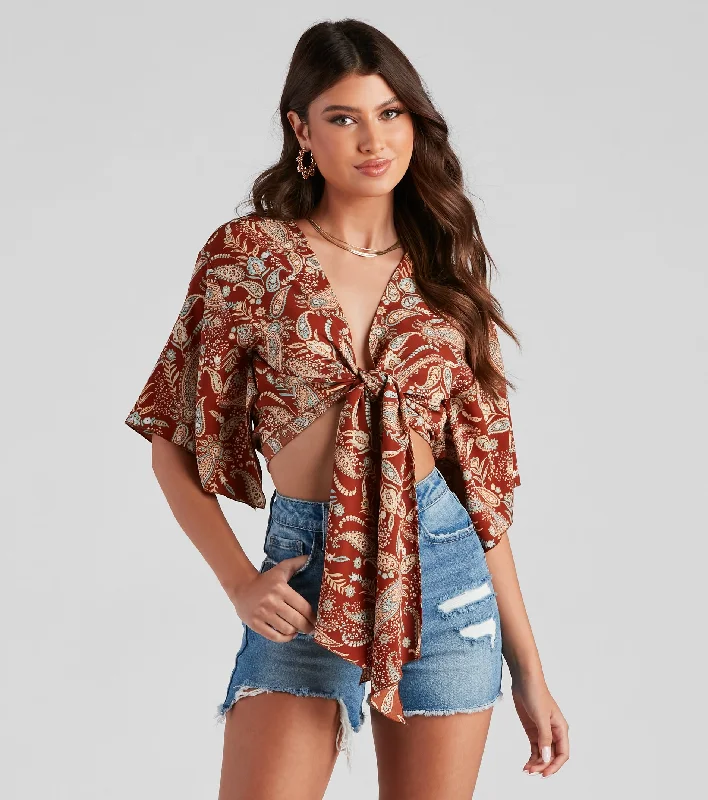 women's tops for date nightsPalisades Paisley Tie-Front Top