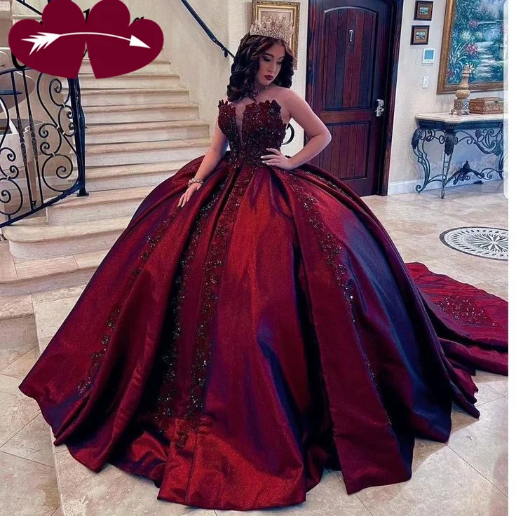 Formal Dress for Garden WeddingsGorgeous Burgundy Appliques Beaded Ball Gown A Line Quinceanera Dress Y7680