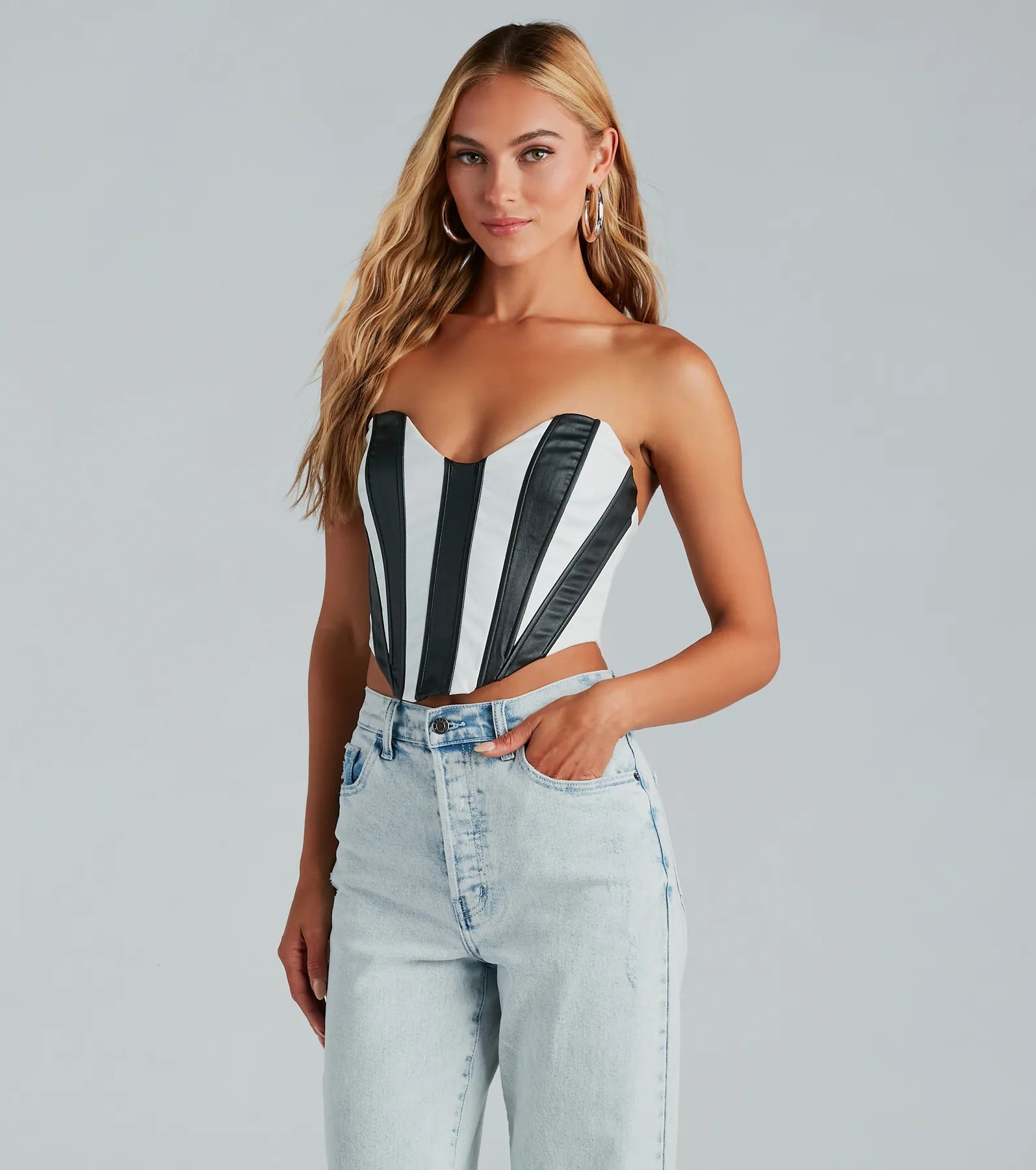 women's tops for those who refuse to compromise on styleMajor Diva Striped Faux Leather Corset Top