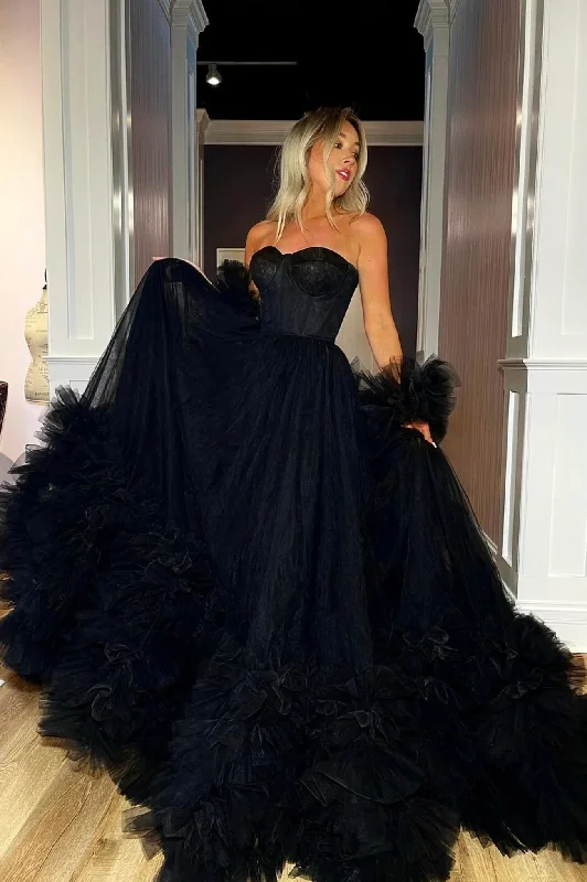 Formal Dress for Science AwardsBlack Strapless Tulle Long Ball Gown, A-Line Evening Dress Y1797