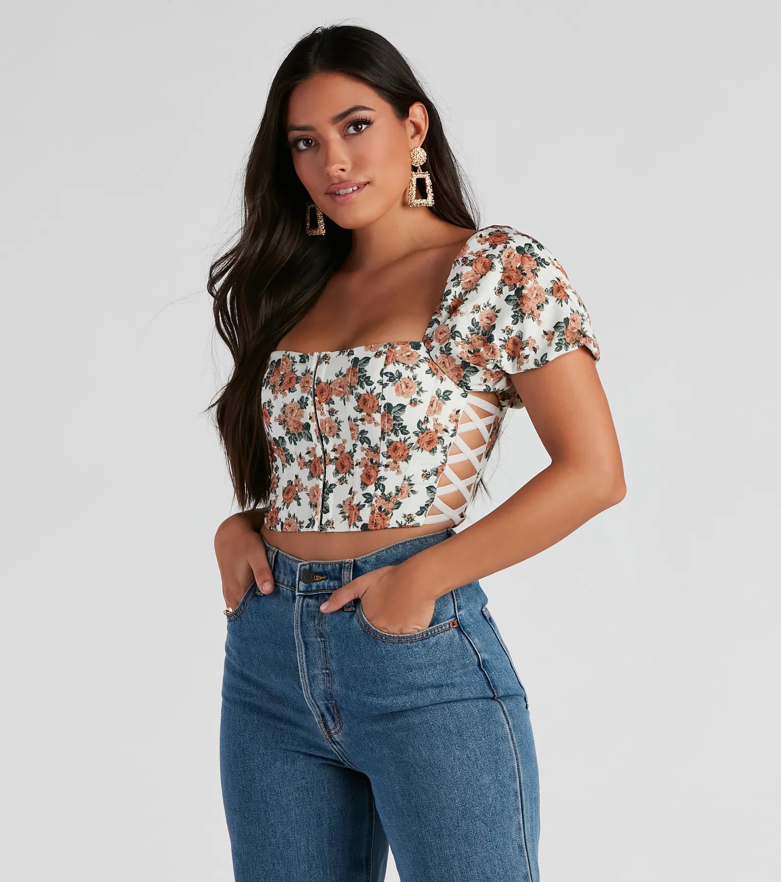 women's tops for those who want to add a bit of flair and personality to their looksGorgeous Blooms Puff Sleeve Crop Top