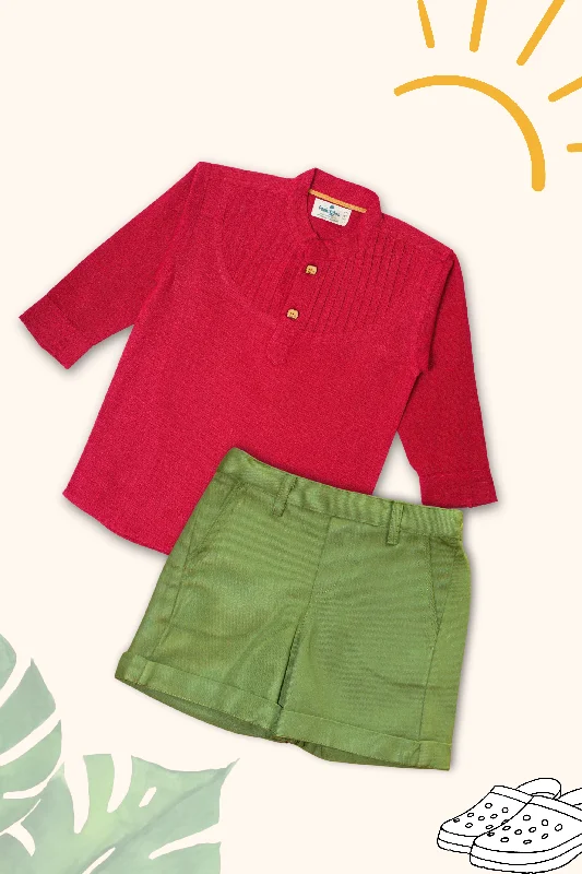 women's tops with asymmetrical designsBoys Pure Cotton Clothing Set - Red Pintuck Shirt & Shorts