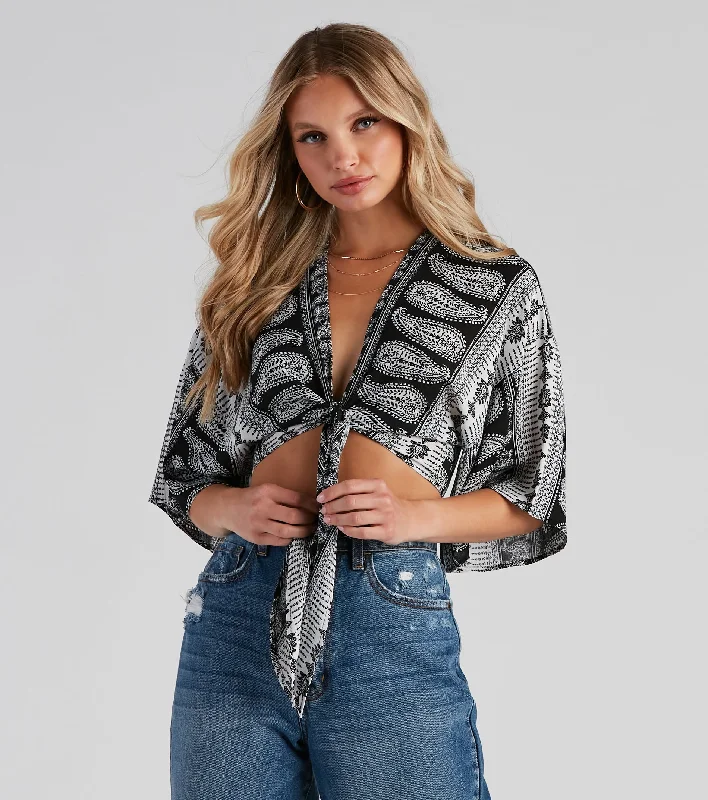 cropped women's topsEffortless Boho-Chic Tie-Front Top