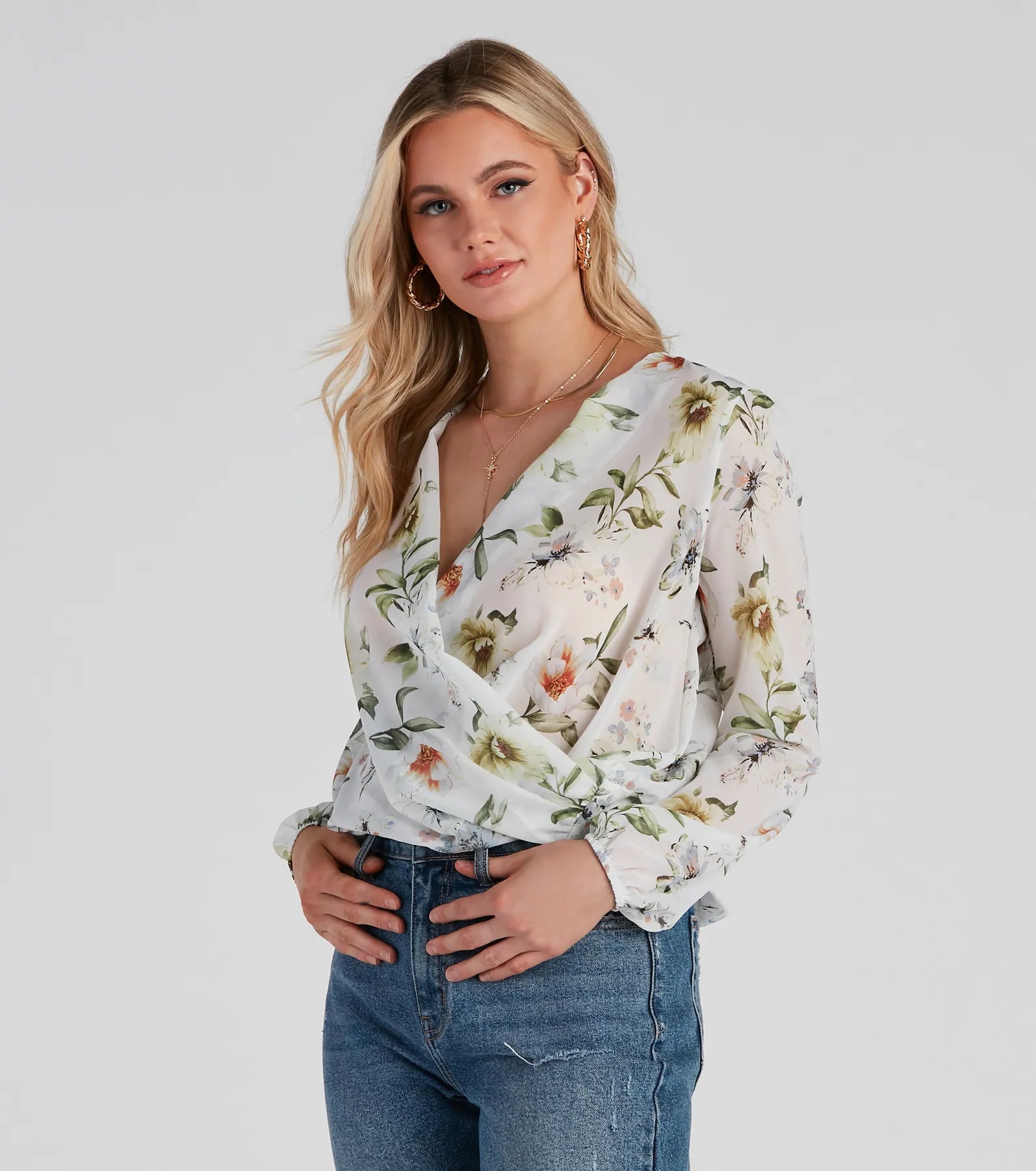 women's tops for those who want to stay updated with the latest fashion trendsFloral Romance Chiffon Surplice Top