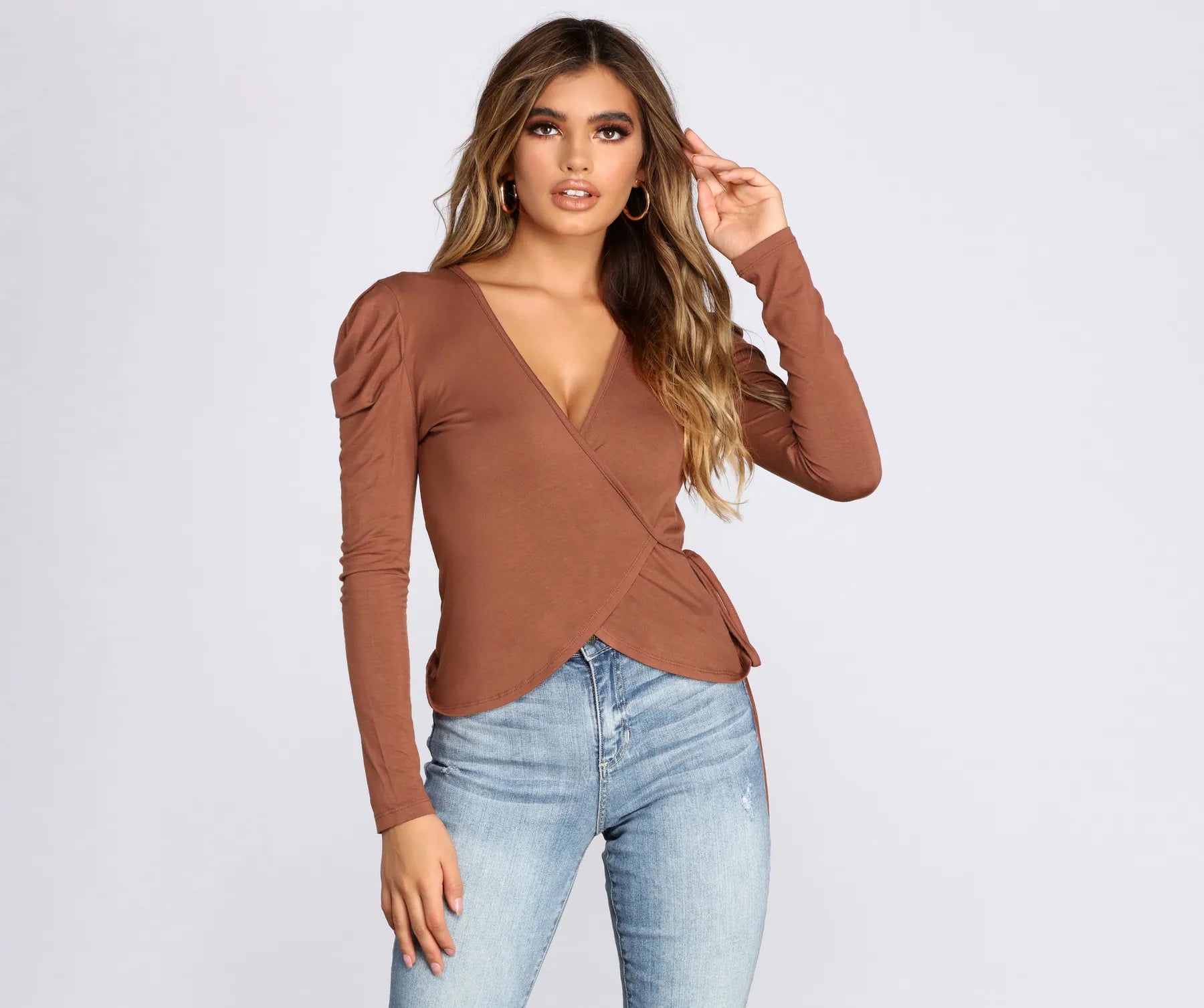 chic women's tops for everyday wearRuched Shoulder Wrap Front Top