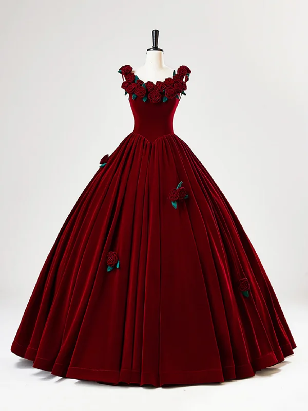 Formal Dress Trends 2023Beautiful Burgundy Velvet Quinceanera Dress Birthday Ball Gown With Rose Flowers Y7750