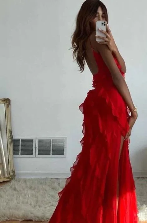 Formal Dress for Emmy AwardsRed Ruffle Long Formal Dress Elegant Evening Dresses Y6823