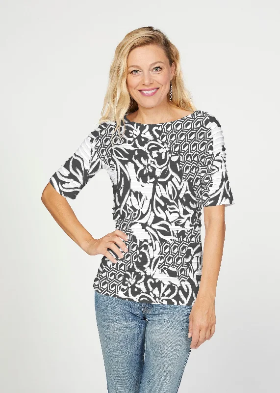 women's tops for those who love bold and vibrant colorsBrookie Black (8177) ~ Banded Elbow Sleeve Boat Neck Top