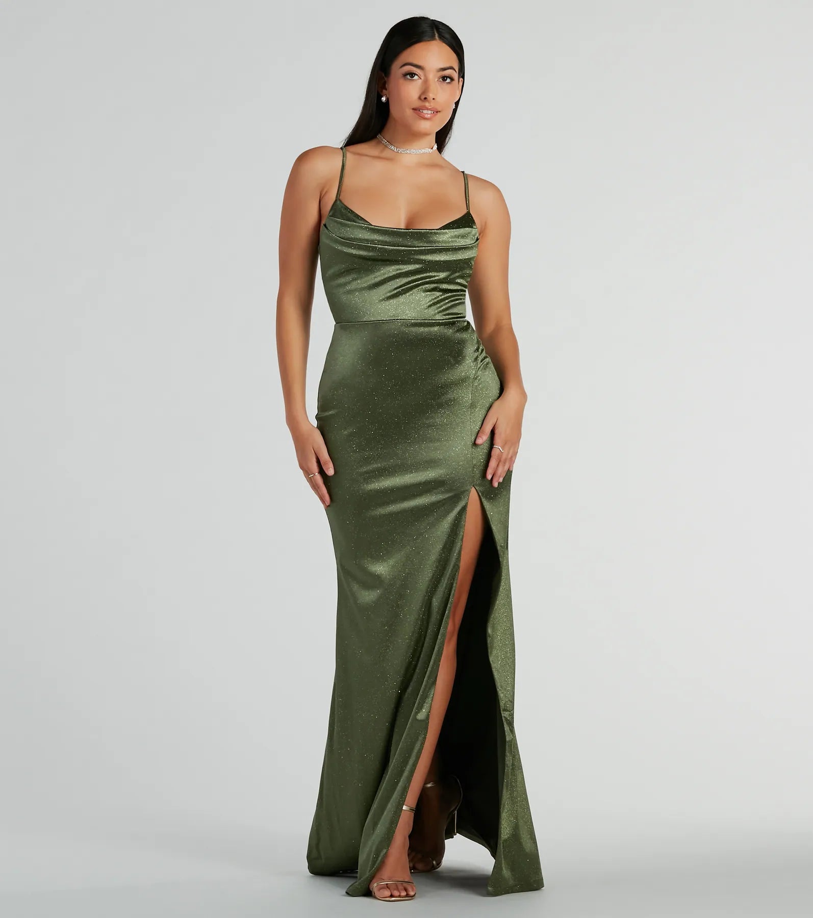 Formal Dress for PromsMelody Cowl Neck Mermaid Glitter Satin Formal Dress