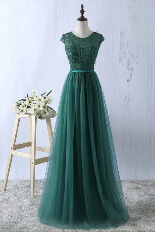 Formal Dress for Fashion WeeksGreen tulle lace top round neck long evening dresses ,simple formal dress S6796