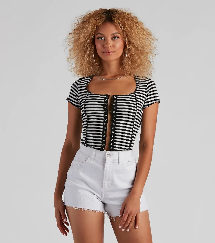 women's tops made from cottonStriped Slay Rib Knit Crop Top