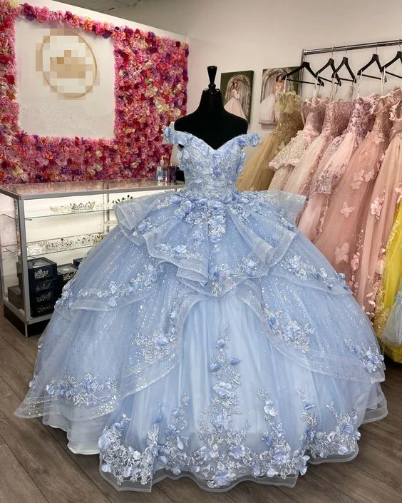 Formal Dress for Golf TournamentsGorgeous Blue Off The Shoulder Tulle Appliques Ball Gown Birthday Quinceanera Dress Y7835