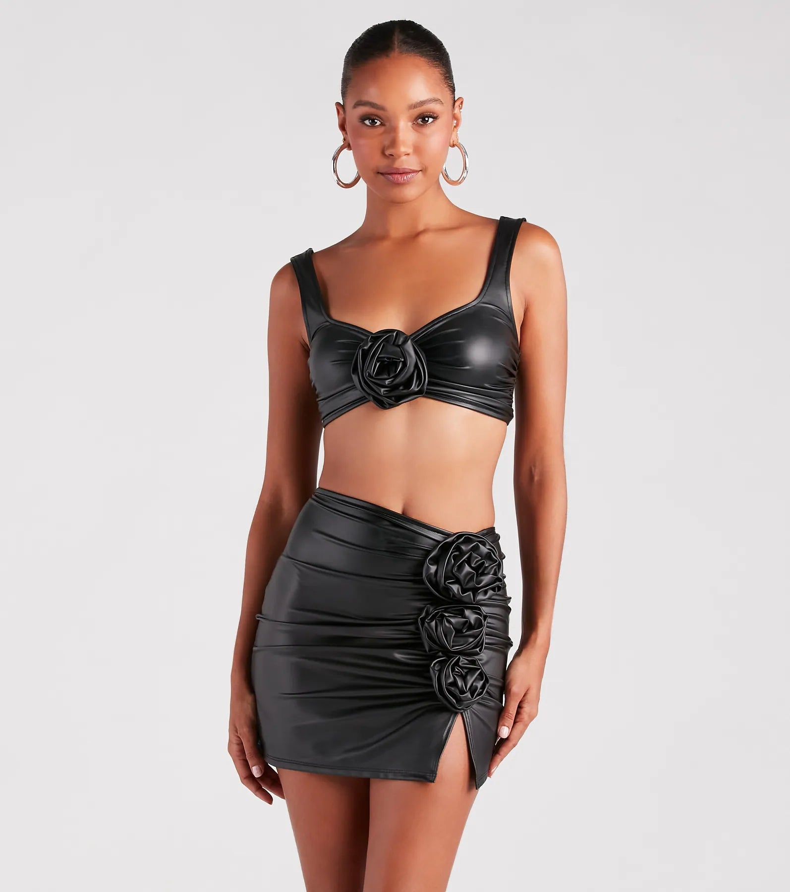 women's tops for those who love to experiment with fashionMake It Bloom Faux Leather Rosette Crop Top