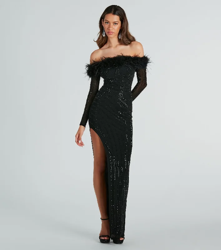 Formal Dress for Winter Formal EventsChloe Feather Trim Rhinestone Mesh Formal Dress