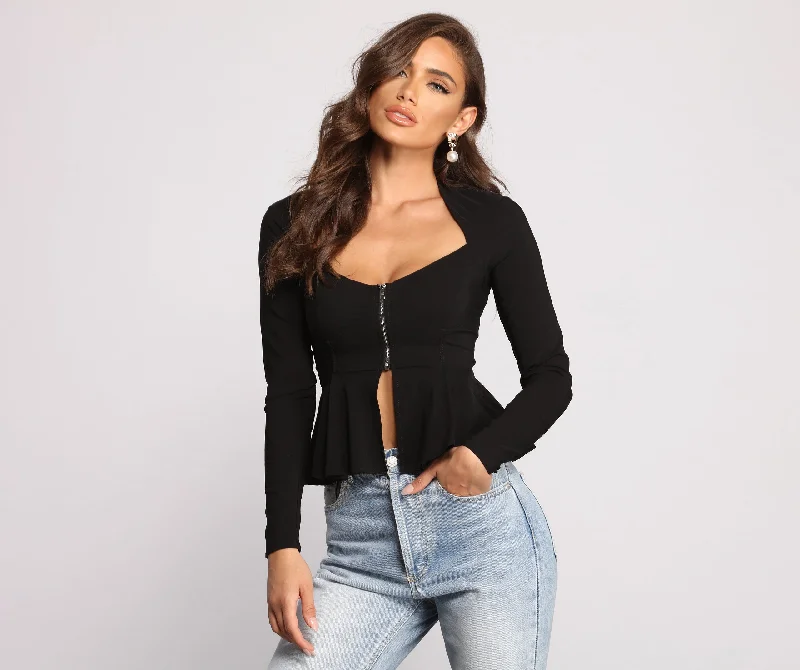 women's tops with bell sleevesPoised Zip Up Peplum Top