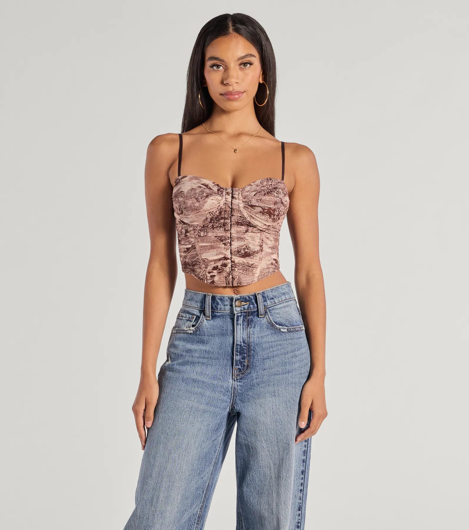 women's tops for those who want to add a touch of elegance and sophistication to their everyday wearStunning View Scenic Print Mesh Bustier Top