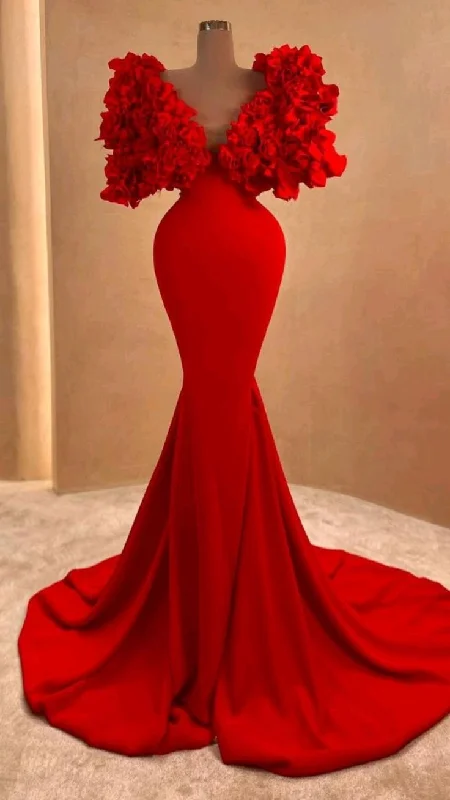 Formal Dress for Theme Park EventsWomen Red Long Evening Dress Mermaid Formal Dress Ruffles Cloud Shoulder  Y4932