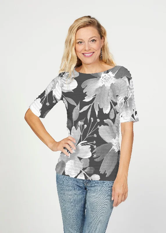 three-quarter sleeve women's topsFestive Bloom Black (8174) ~ Banded Elbow Sleeve Boat Neck Top