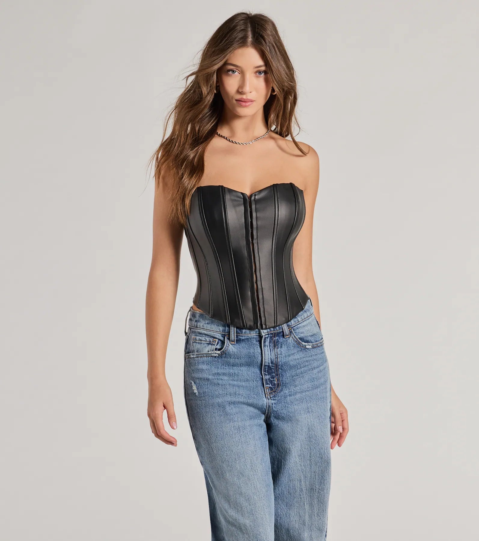 chic women's tops for everyday wearLevel Up Sleek Faux Leather Strapless Corset Top