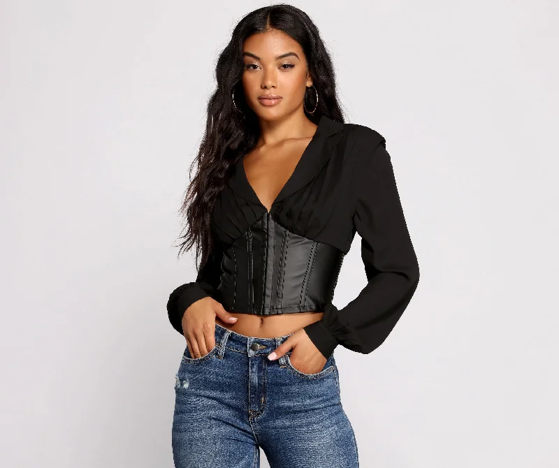 women's tops for those who want to stay cool and chic during warmer weatherStunning Satin and Faux Leather Corset Crop Top