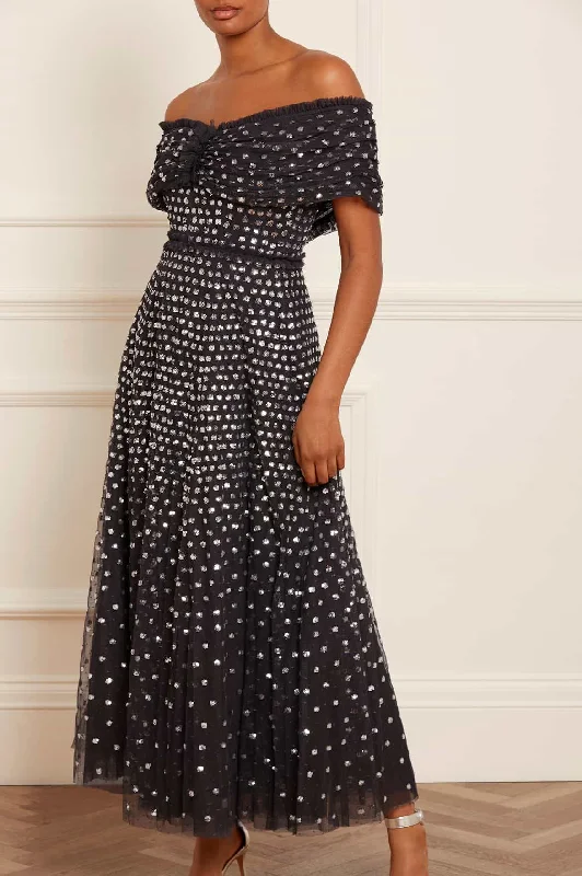 Formal Dress Shops in New YorkGrace Gloss Off-Shoulder Ankle Gown