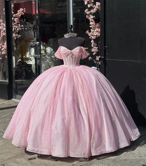 Formal Dress Rental ServicesGlitter Off The Shoulder Pink Tulle Beaded Ball Gown Quinceanera Dress  Y7462