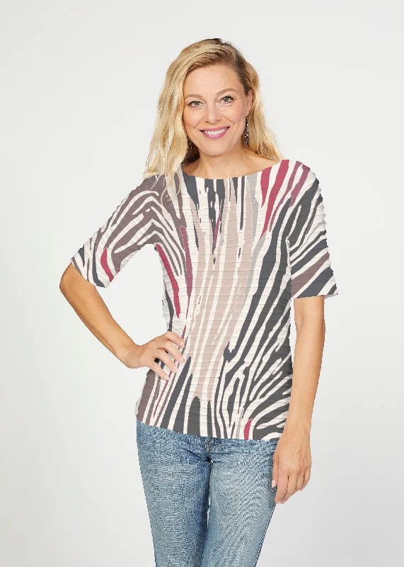 plus-size women's topsFruity Stripes Neutral (14305) ~ Banded Elbow Sleeve Boat Neck Top