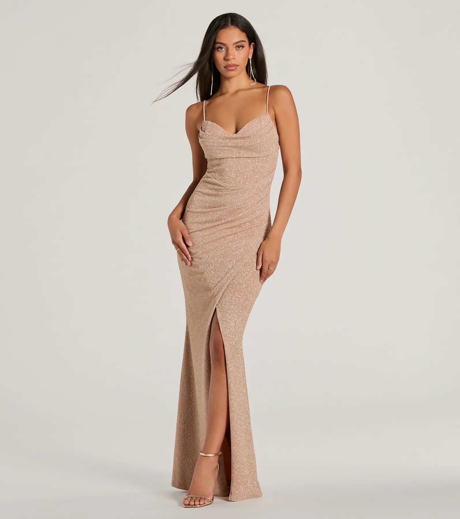 Formal Dress for Golf TournamentsMila Cowl Neck Wrap Slit Mermaid Glitter Formal Dress