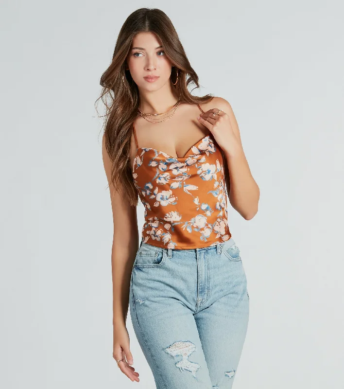 women's tops for vintage fashion enthusiastsDreaming Of The Weekend Floral Satin Crop Top