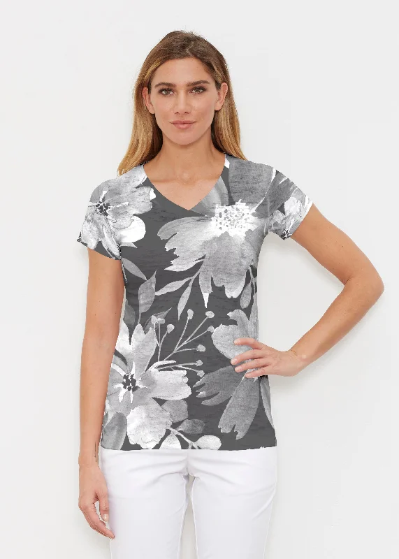 women's tops with sleeveless designsFestive Bloom Black (8174) ~ Signature Cap Sleeve V-Neck Shirt