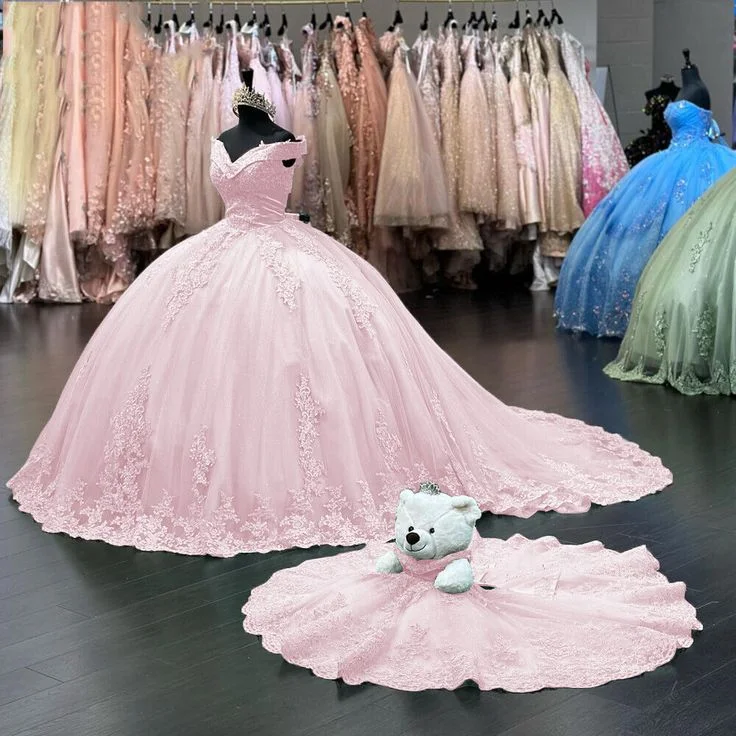 Formal Dress for Academic AwardsOff Shoulder Pink Sweet 16 Quinceanera Dresses Lace Birthday Ball Gown Y7245