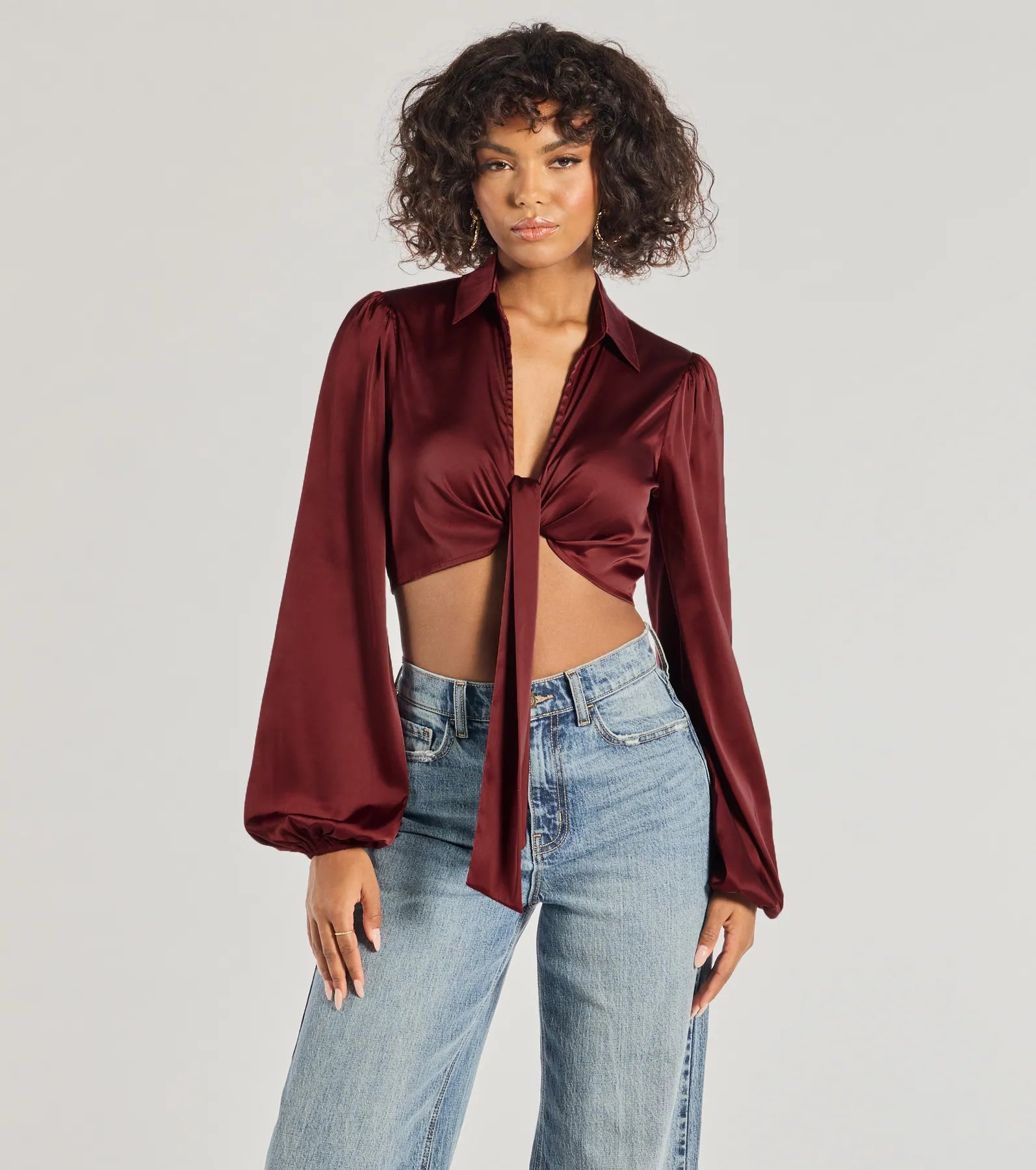 women's tops for those who believe in expressing their individuality through fashionSleek Mood Satin Tie-Front Crop Top